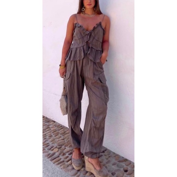 Zara Pants - Zara Two Piece Set Ruffle Peplum‎ Cami Top Cargo Pants Taupe Brown XS